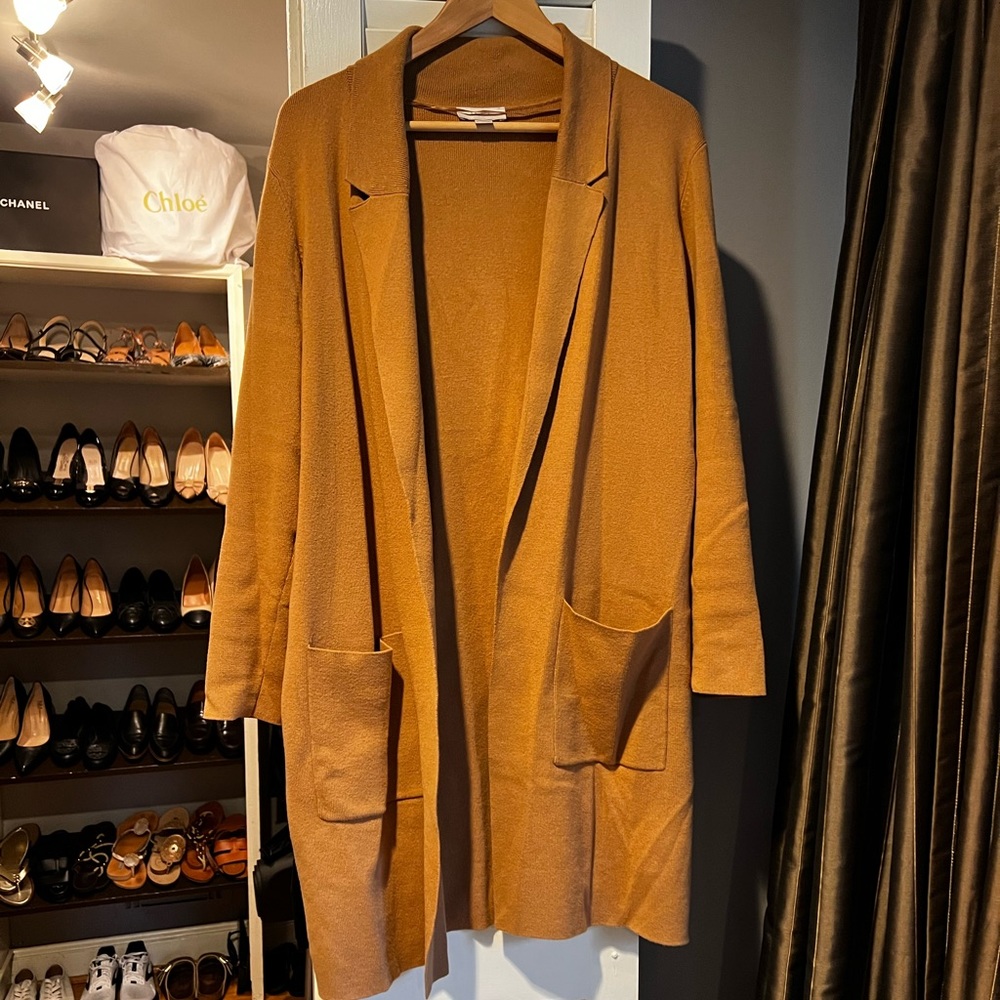 LOFT Long Open Front Coatigan in Camel Brown